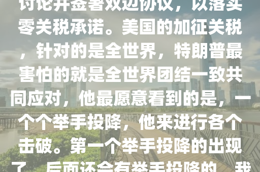 老楊聊基：關(guān)稅大棒之下，第一個(gè)舉手投降的來了特朗普說，美國與越南達(dá)成了一致，將討論并簽署雙邊協(xié)議，以落實(shí)零關(guān)稅承諾。美國的加征關(guān)稅，針對的是全世界，特朗普最害怕的就是全世界團(tuán)結(jié)一致共同應(yīng)對，他最愿意看到的是，一個(gè)個(gè)舉手投降，他來進(jìn)行各個(gè)擊破。第一個(gè)舉手投降的出現(xiàn)了，后面還會有舉手投降的，我們是堅(jiān)決不可以這樣，寧為玉碎不為瓦全。中國，加油，加油，中國。